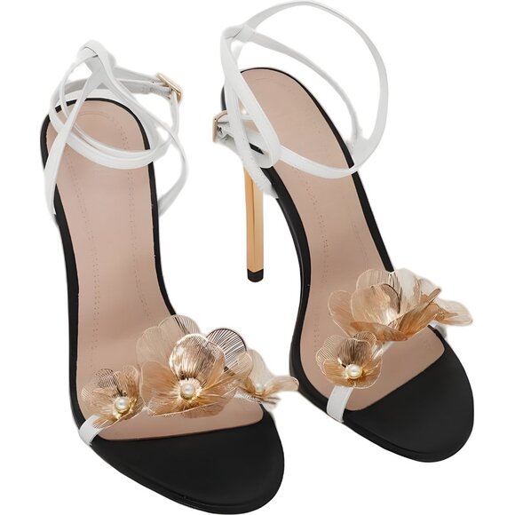 Steve Madden Shoes - Steve Madden Sheila floral ankle-strap stiletto sandals black/white women's 5M